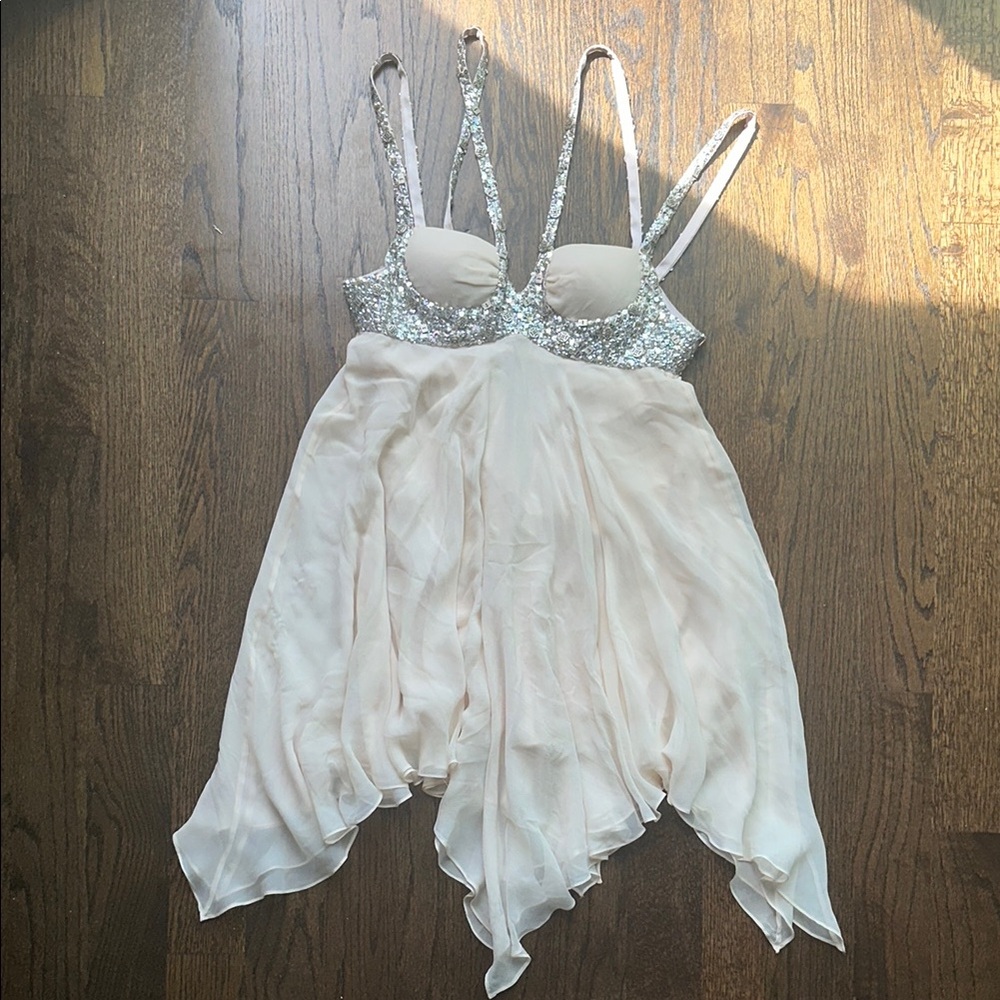 Mandalay Elegant Silver Embellished Off-White Midi Chiffon Dress